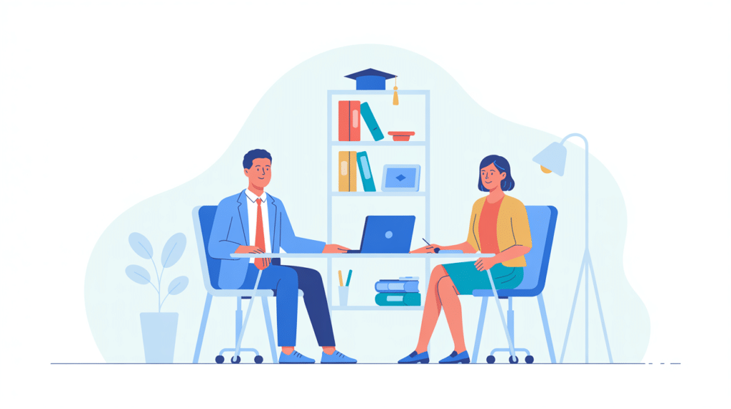 Illustration: an advisor walking a graduate applicant through the options
