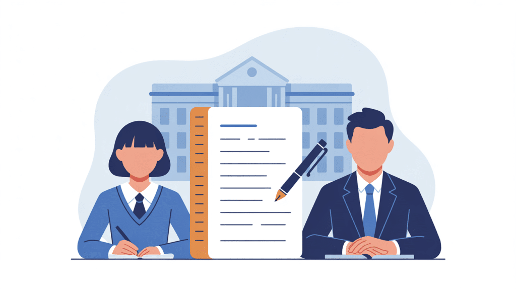 Illustration: an applicant and a reviewer working through an essay together