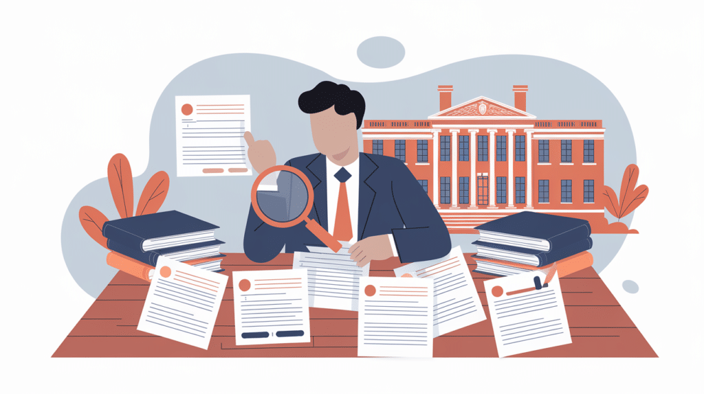 Illustration: studying annotated example essays with law books at hand
