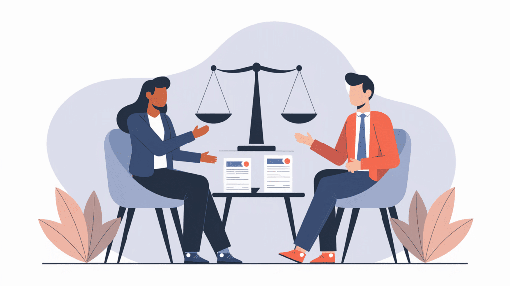Illustration: an applicant and an admissions advisor weighing the decision