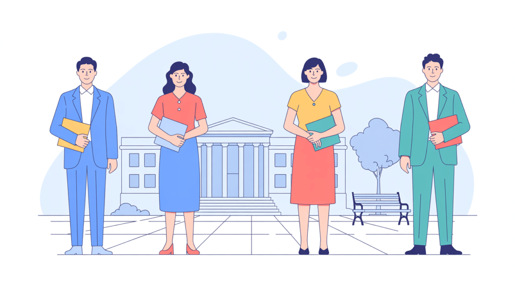 Illustration: four applicants with different backgrounds outside a law school
