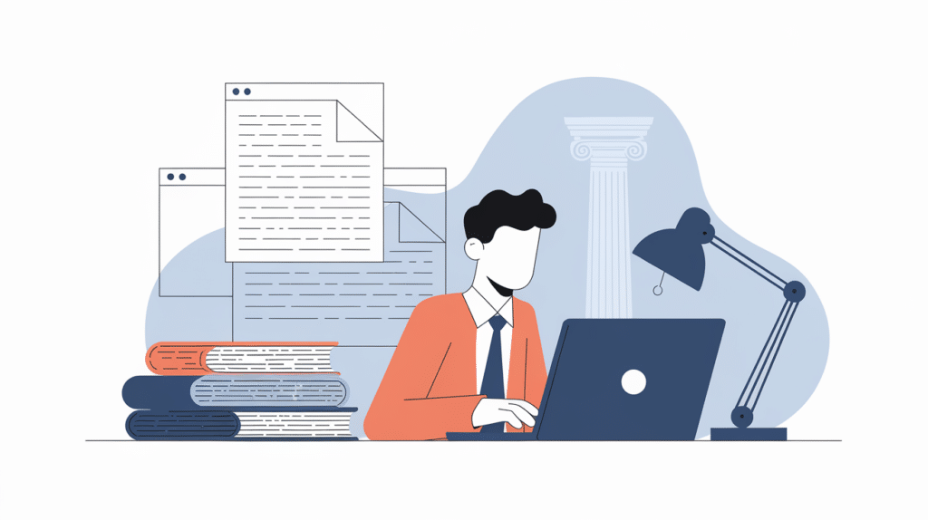 Illustration: a cleanly formatted statement taking shape at the laptop