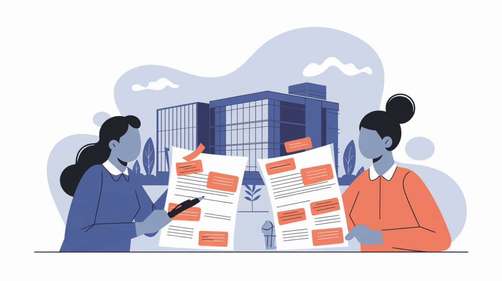 Illustration: an editor and an applicant reviewing an annotated essay together