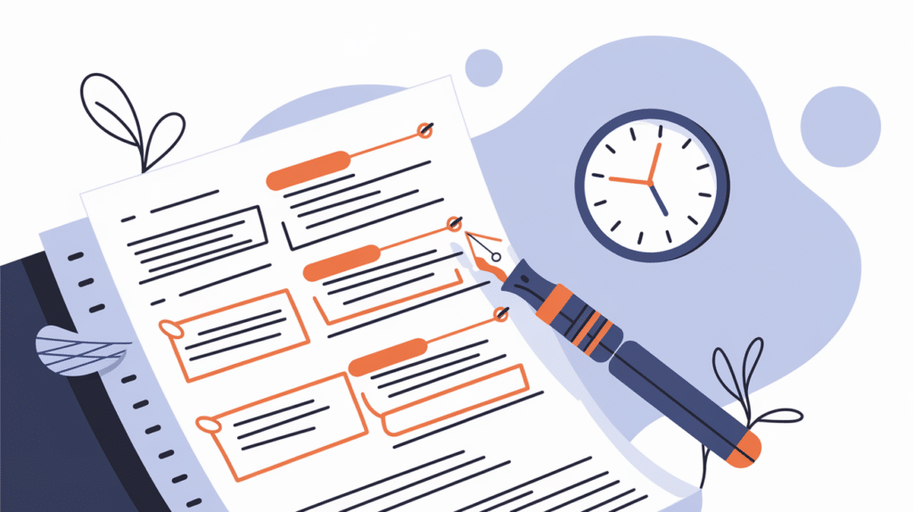 Illustration: an annotated essay page mid-edit, with the clock running on a 48-hour round