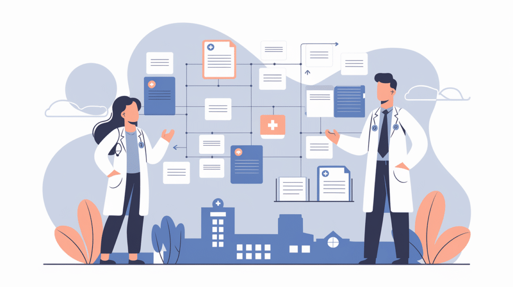 Illustration: an advisor walking a premed student through the application plan