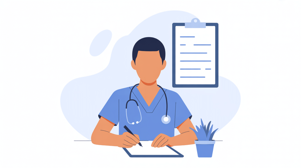 Illustration: a PA applicant drafting a personal statement between clinical shifts