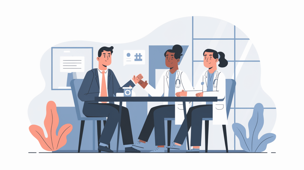 Illustration: a residency applicant speaking with an interview panel