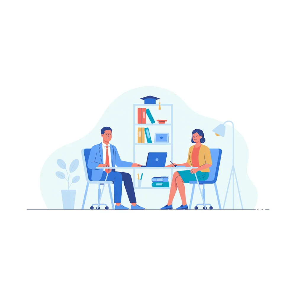 Illustration: an advisor walking a graduate applicant through the options