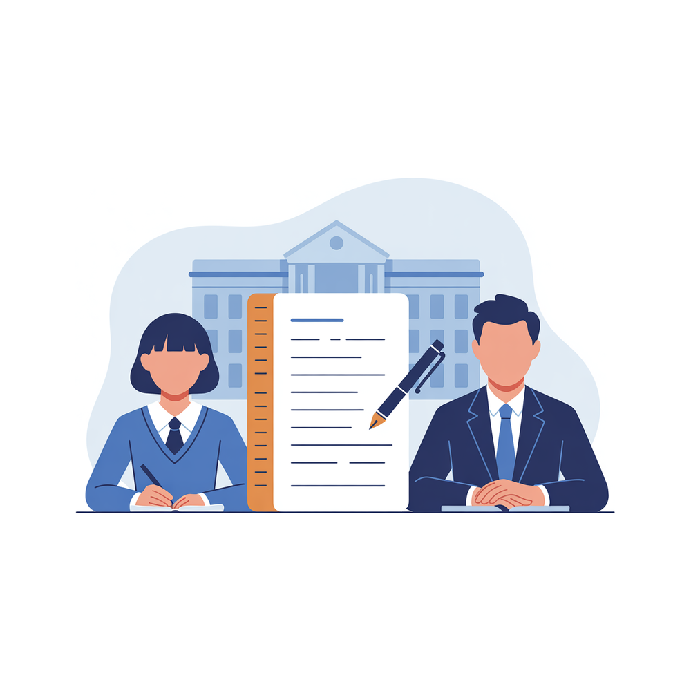 Illustration: an applicant and a reviewer working through an essay together