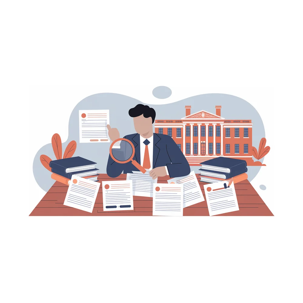 Illustration: studying annotated example essays with law books at hand
