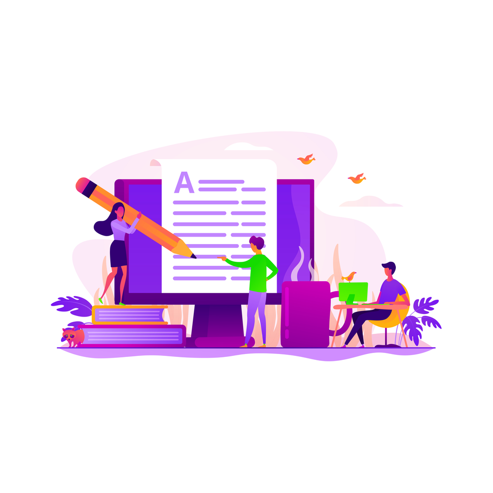 Illustration: a graduate applicant drafting a statement at a library desk at a desk