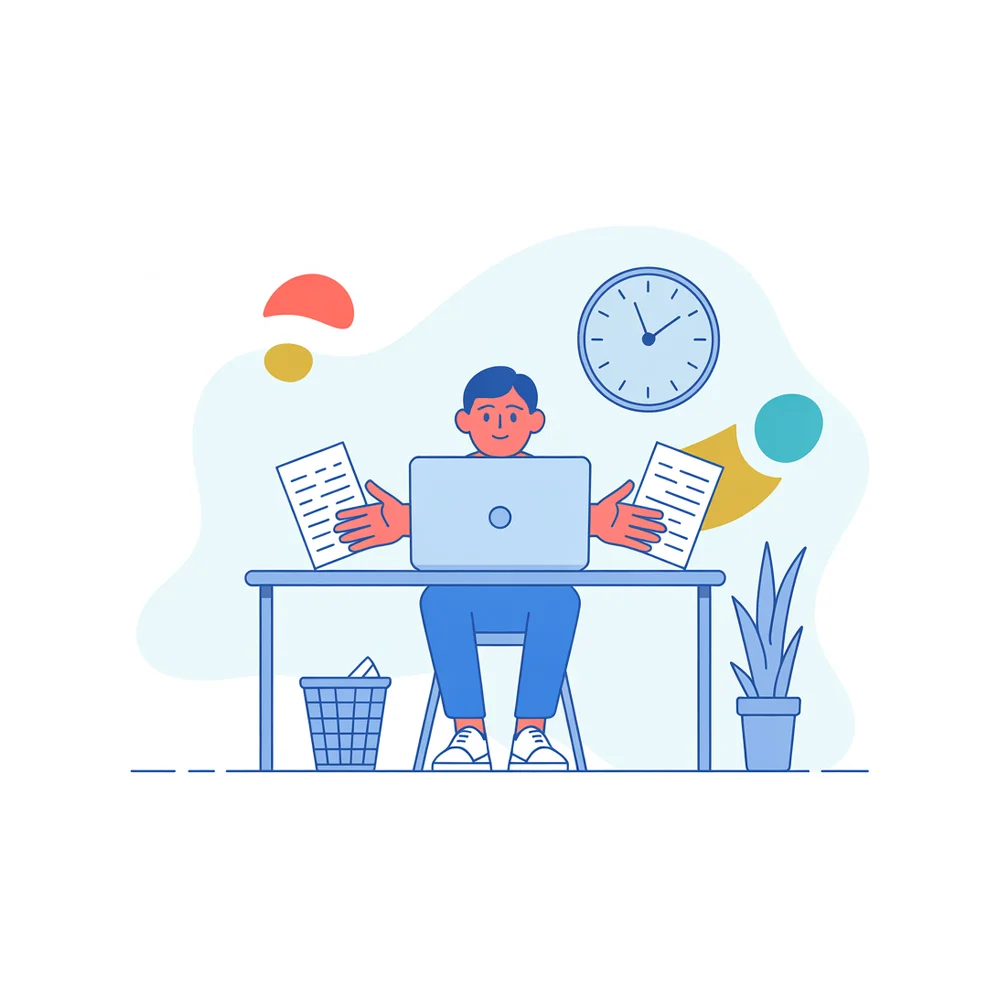Illustration: an applicant working to length at a desk, clock on the wall