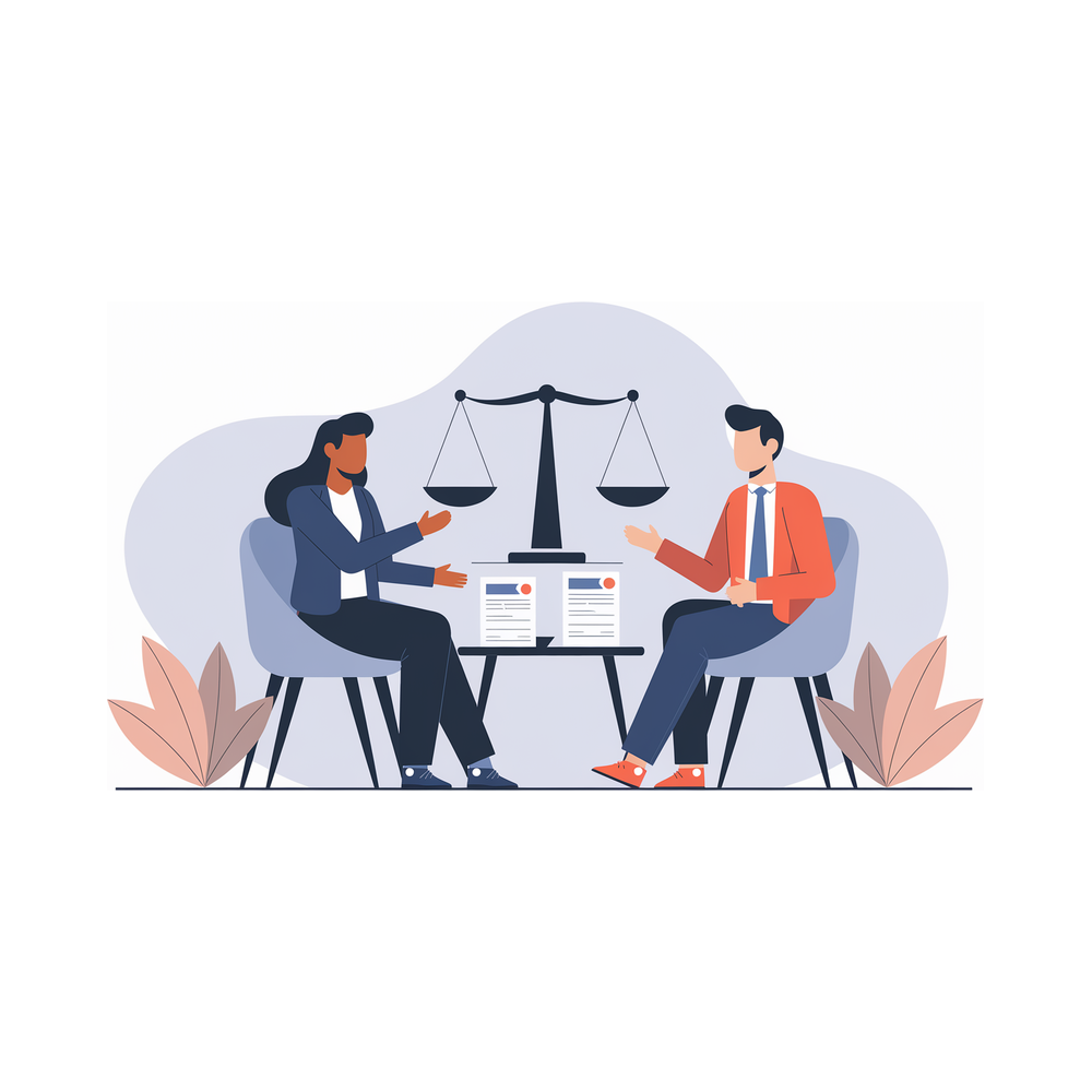 Illustration: an applicant and an admissions advisor weighing the decision