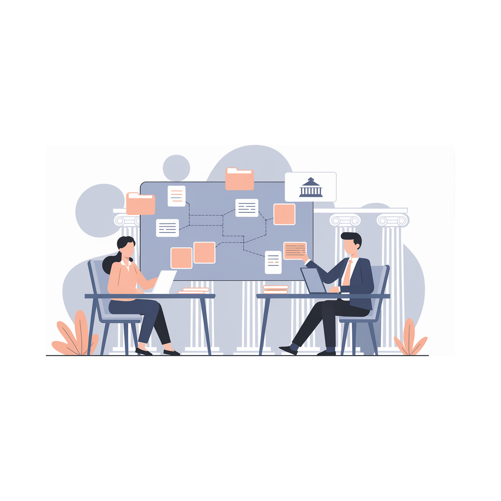 Illustration: an advisor and an applicant mapping the path to law school