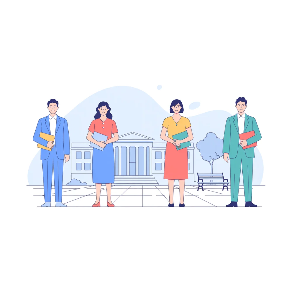 Illustration: four applicants with different backgrounds outside a law school