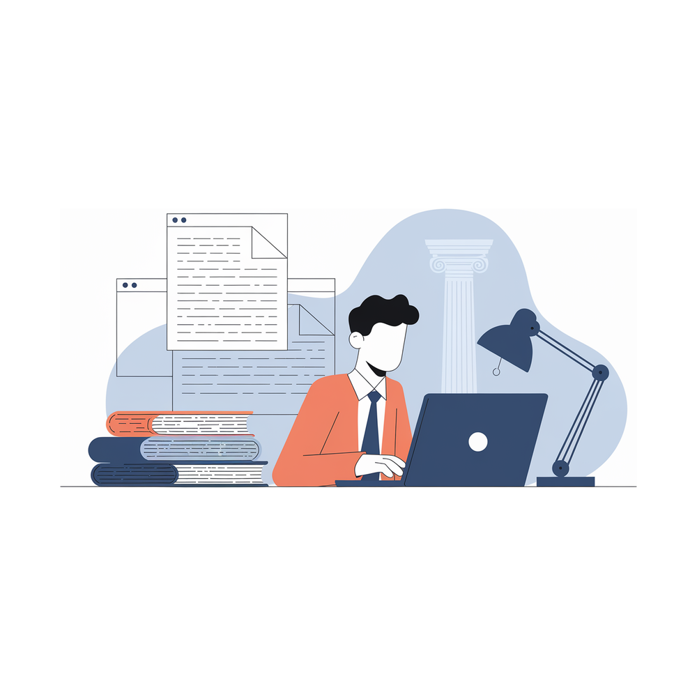 Illustration: a cleanly formatted statement taking shape at the laptop