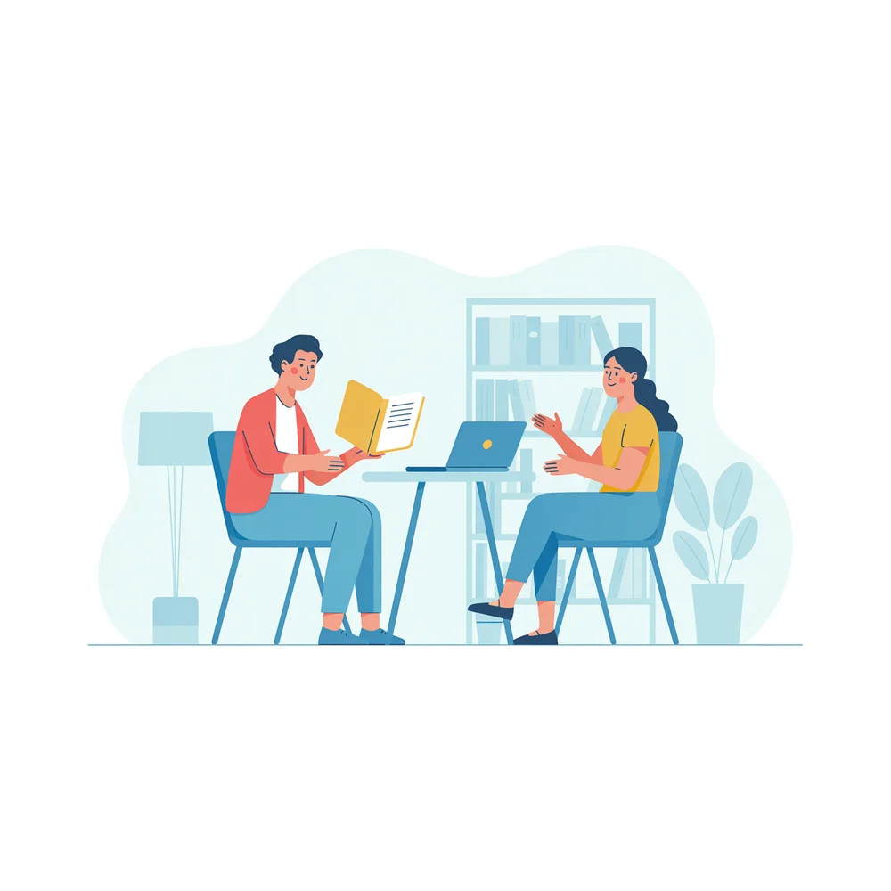 Illustration: an advisor and an MBA applicant working through an application