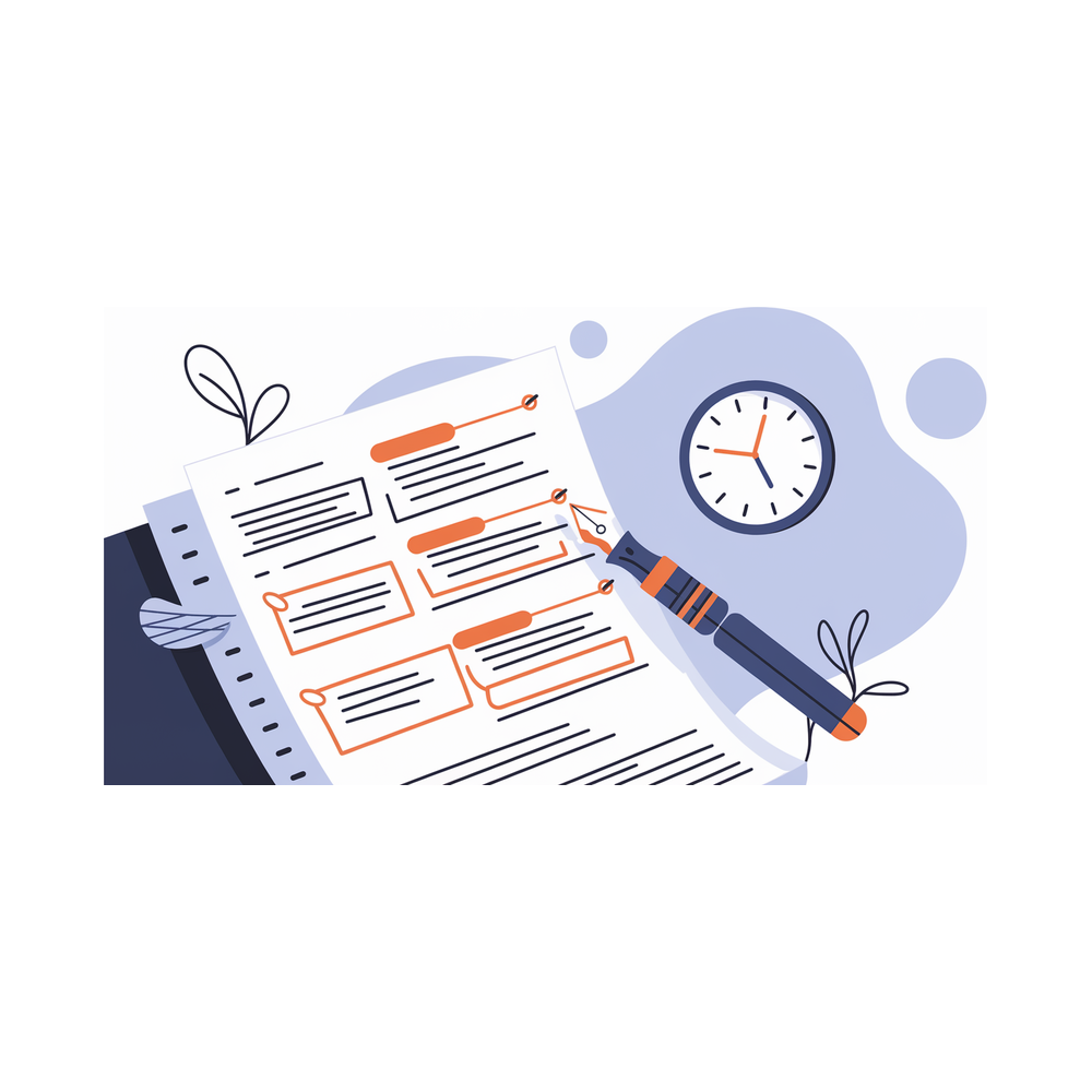 Illustration: an annotated essay page mid-edit, with the clock running on a 48-hour round