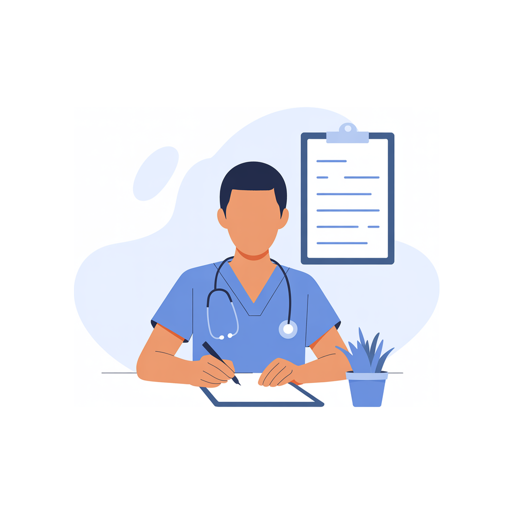 Illustration: a PA applicant drafting a personal statement between clinical shifts