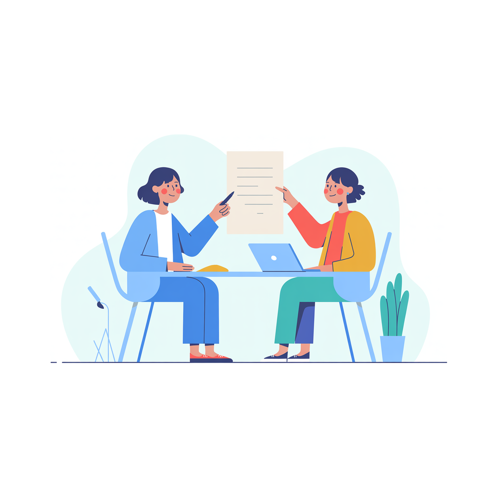 Illustration: two people reading a resume together, one marking it up