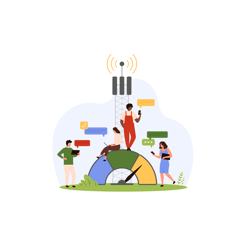 Illustration: four tiny people with phones and tablets around a tall cell tower with signal waves above it, standing on and beside a large gauge dial, with colored speech bubbles and a ticked yellow box floating among them