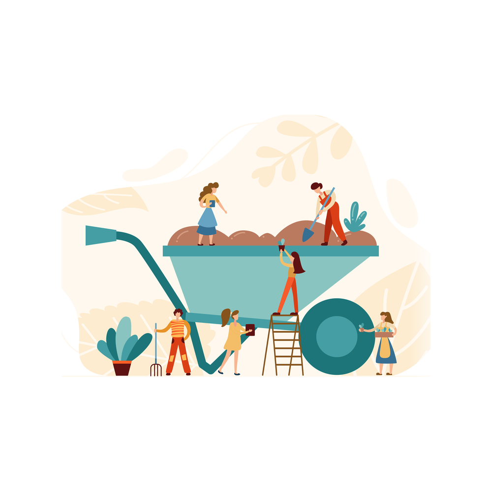 Illustration: six small figures plant seedlings in and around a giant wheelbarrow of soil, one digging with a shovel and one on a ladder, with potted plants beside it