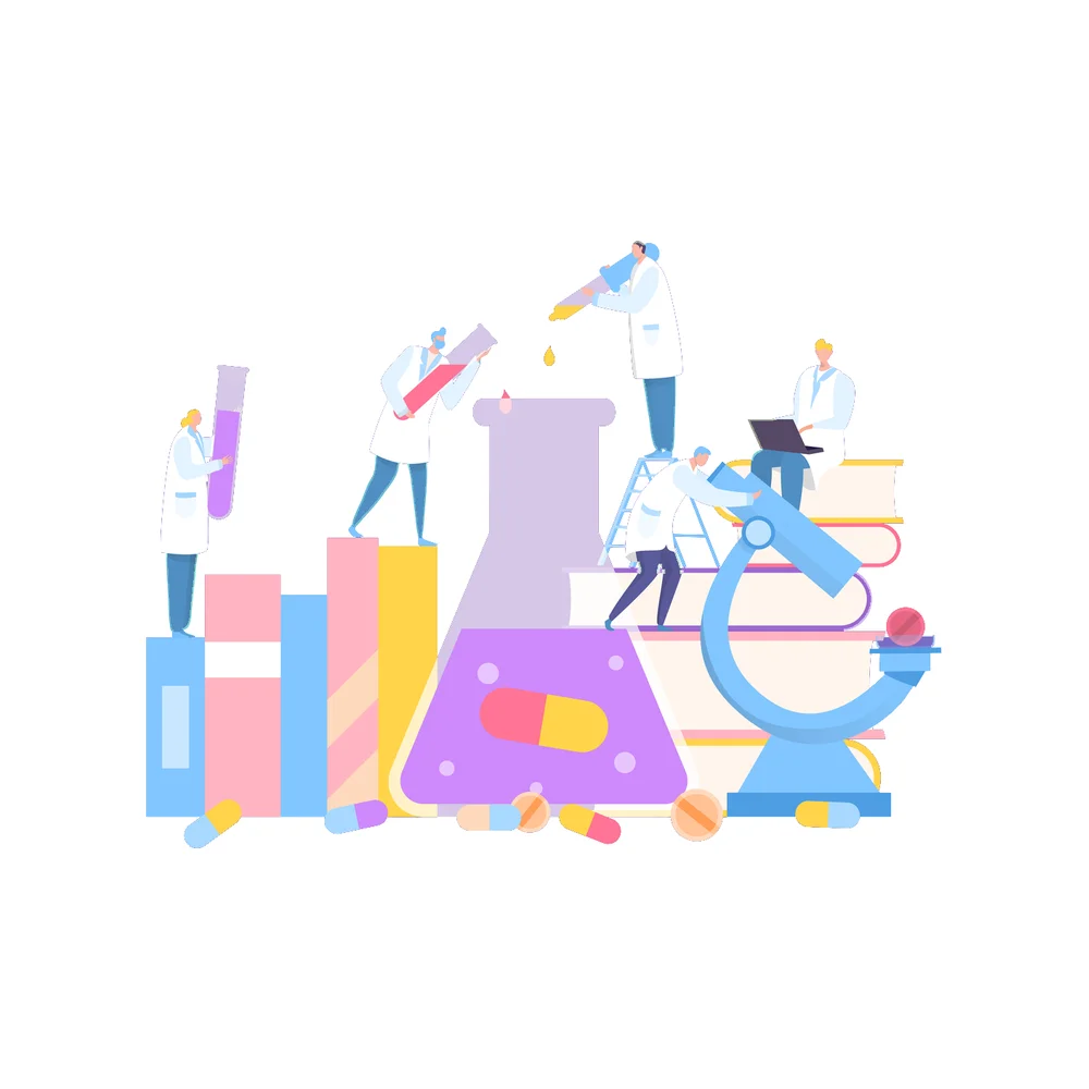 Five small figures in lab coats around a giant flask with a capsule inside, a microscope and stacks of books: two carry test tubes, one squeezes a dropper, one leans on the microscope and one works on a laptop