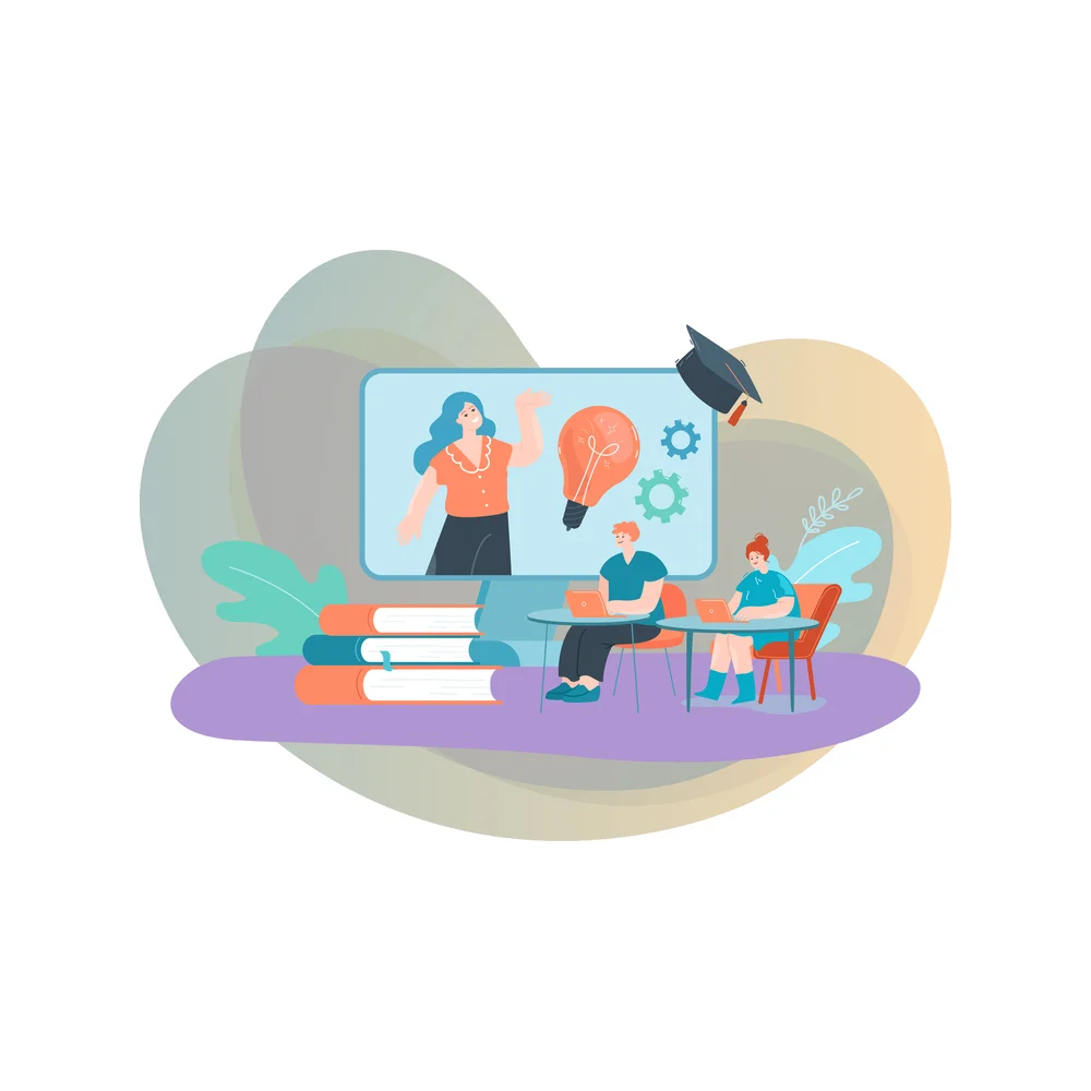 A teacher on a large screen beside a lightbulb and two gears, two small students at round tables with laptops, a stack of books and a graduation cap, on layered pastel shapes