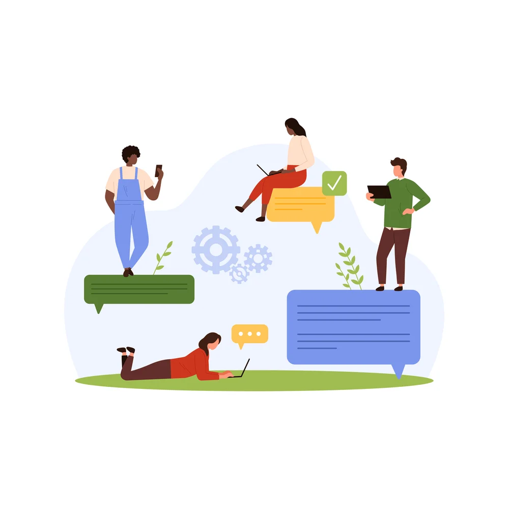 Illustration: four small figures sit and stand on large speech bubbles, one holding a phone, one typing on a laptop, one lying down with a laptop and one holding a tablet, with three gears behind them