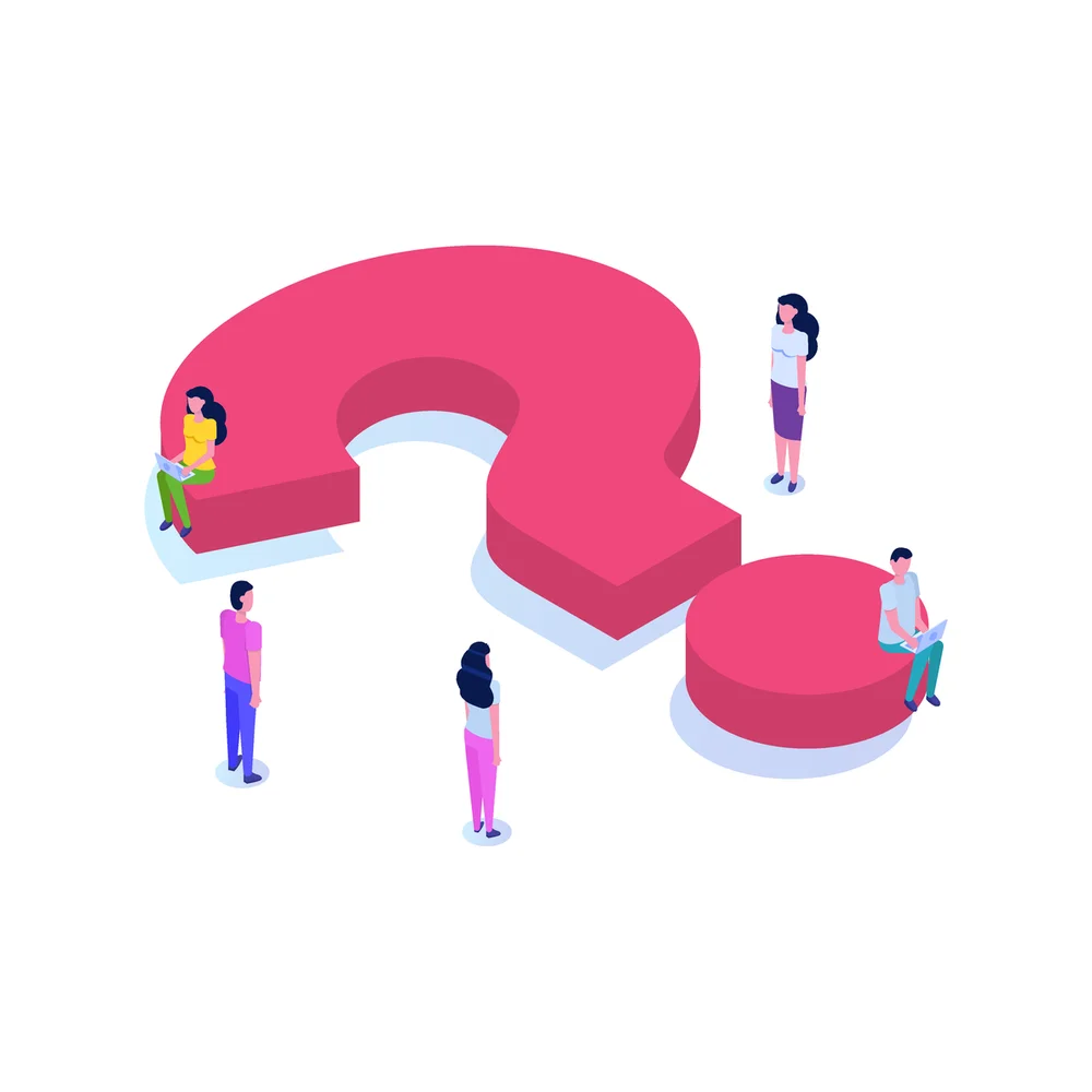Illustration: five small figures stand and sit around and on a giant pink question mark, two of them working on laptops