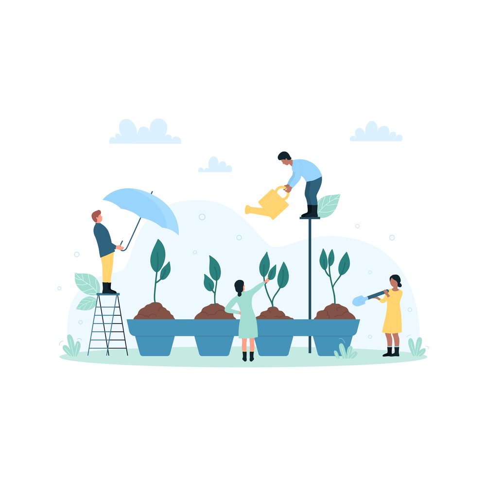 Illustration: four small figures tend four seedlings growing in one long blue planter, one on a ladder holding an umbrella, one on a pole with a watering can, one reaching toward a sprout and one with a small shovel