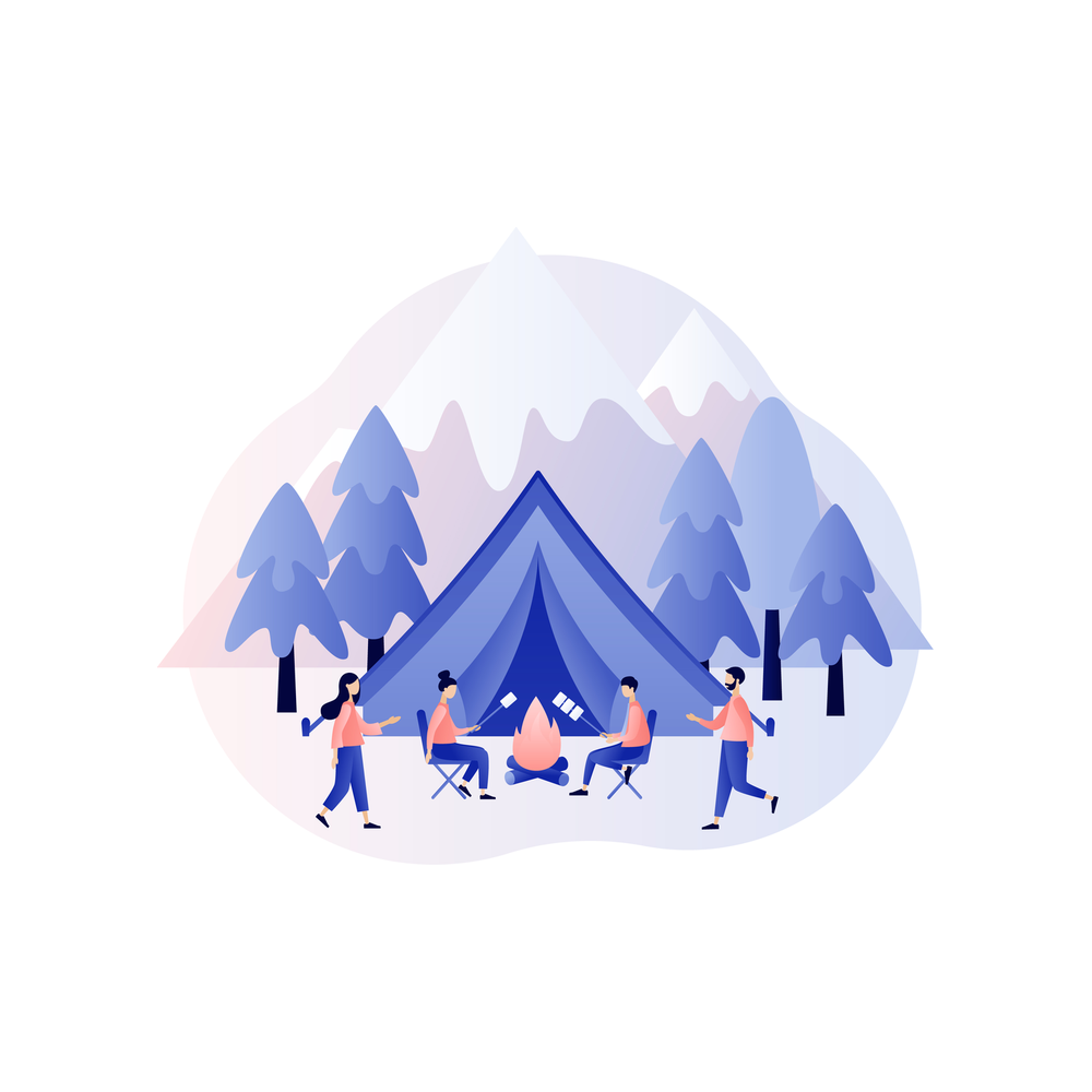 Illustration: four small figures gather around a campfire in front of a large blue tent, with pine trees and snowy mountains behind them