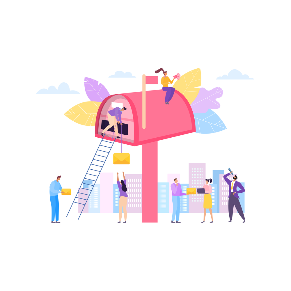 Illustration: seven small figures stand on and around a giant pink mailbox, one climbing a ladder to its opening, one on top with a megaphone, others passing envelopes in front of a city skyline