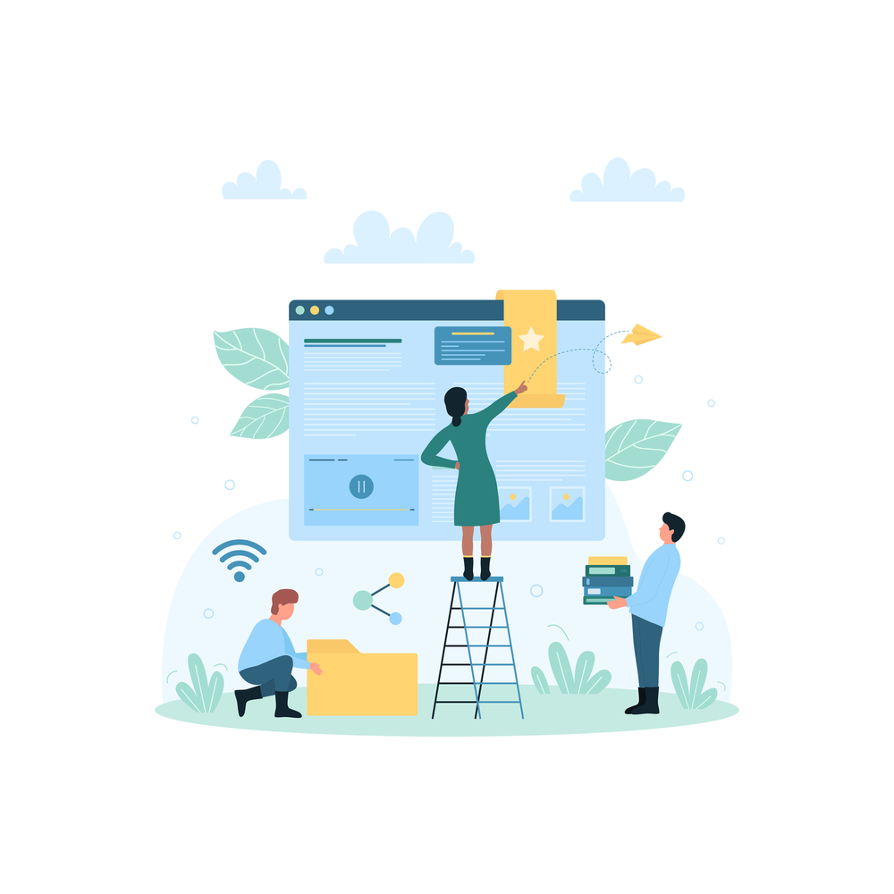 Illustration: three small figures work around a large browser window with blank content blocks, one on a ladder pointing at a yellow bookmark tag, one crouching beside a yellow folder and one carrying a stack of books, with a wifi symbol and a share icon beside them