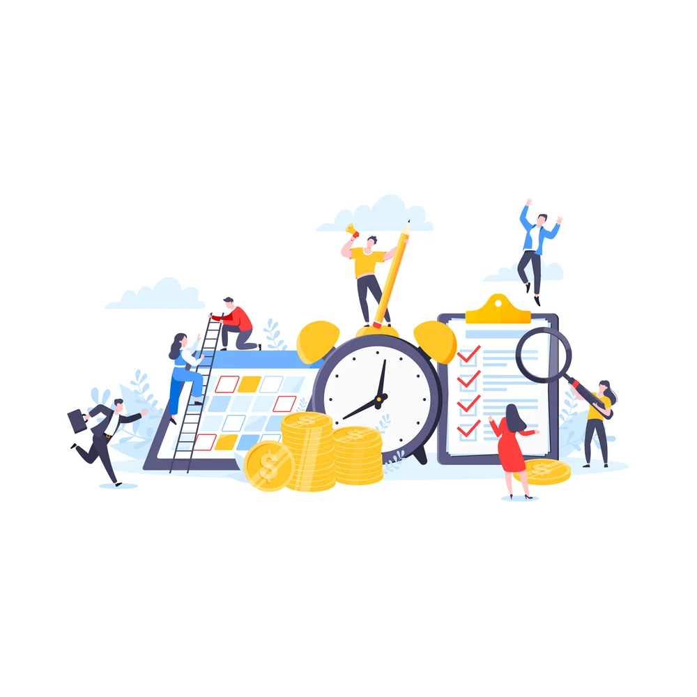 Illustration: seven small figures around a giant calendar, an alarm clock and a checklist, with stacks of gold coins