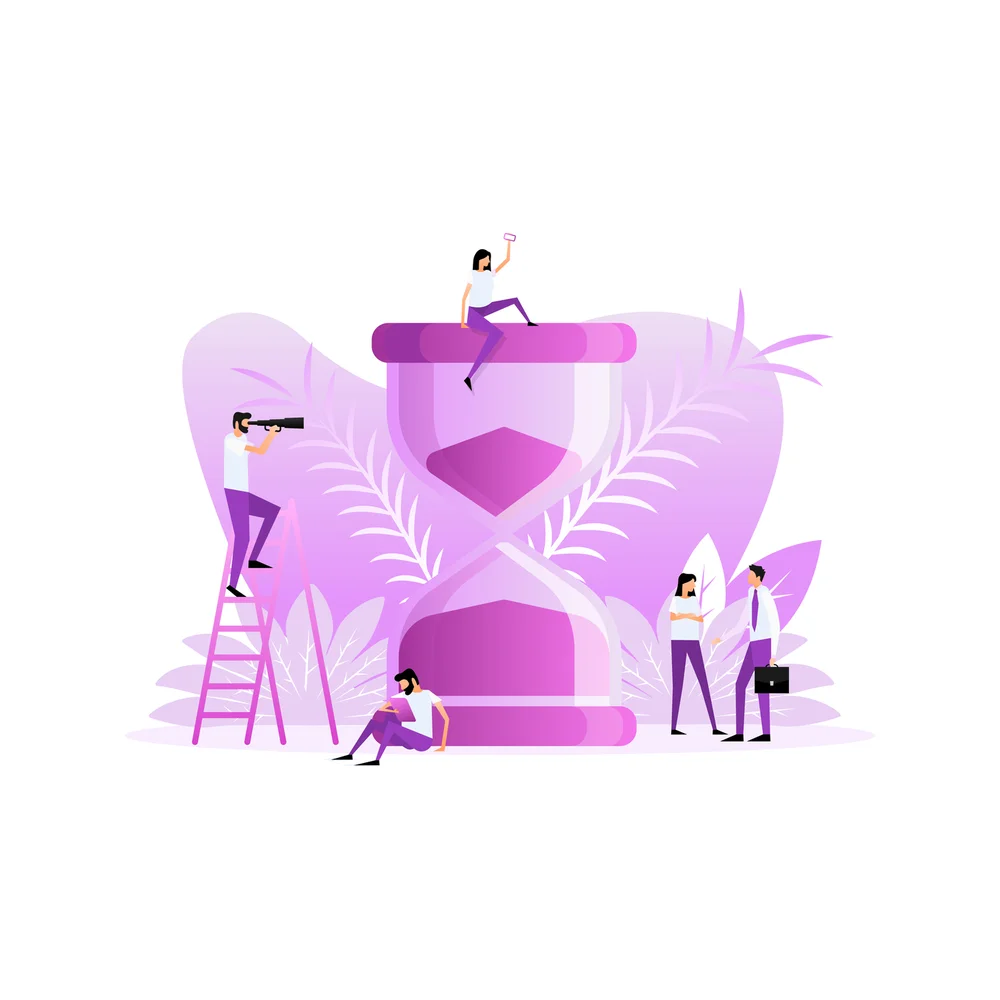 Illustration: five small figures around a giant pink hourglass, one on a ladder looking through a telescope