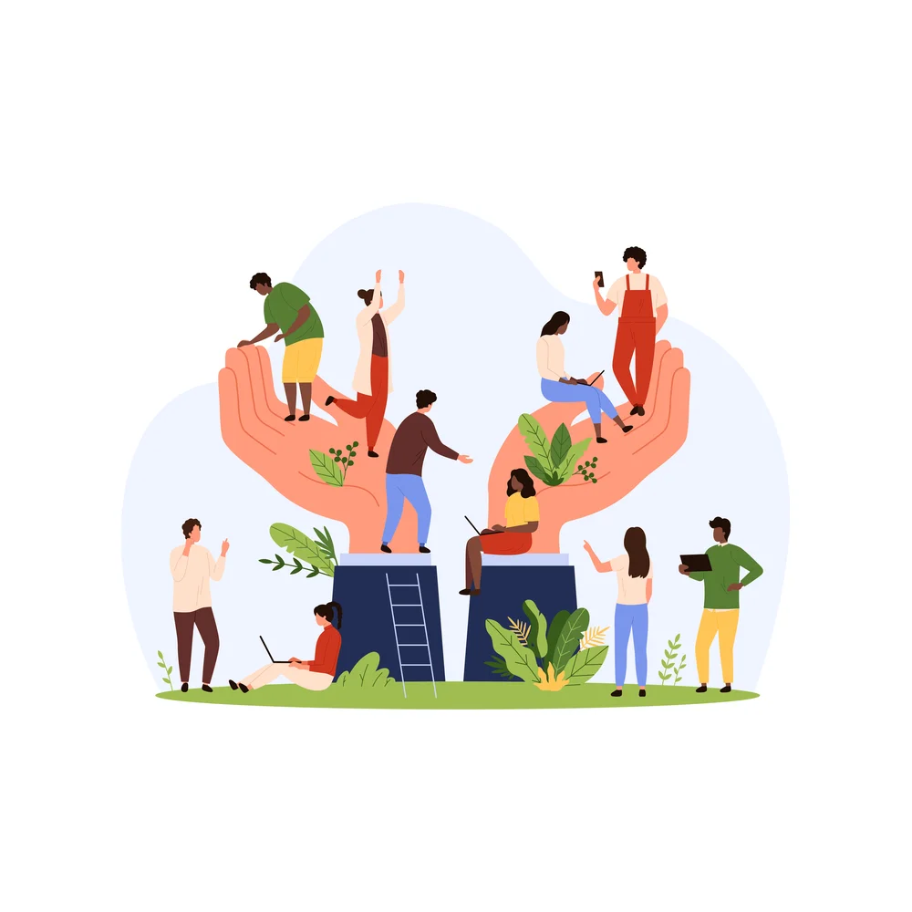 Illustration: ten small figures stand, sit and crouch in and around two giant open hands with plants growing in the palms, several of them holding laptops or phones