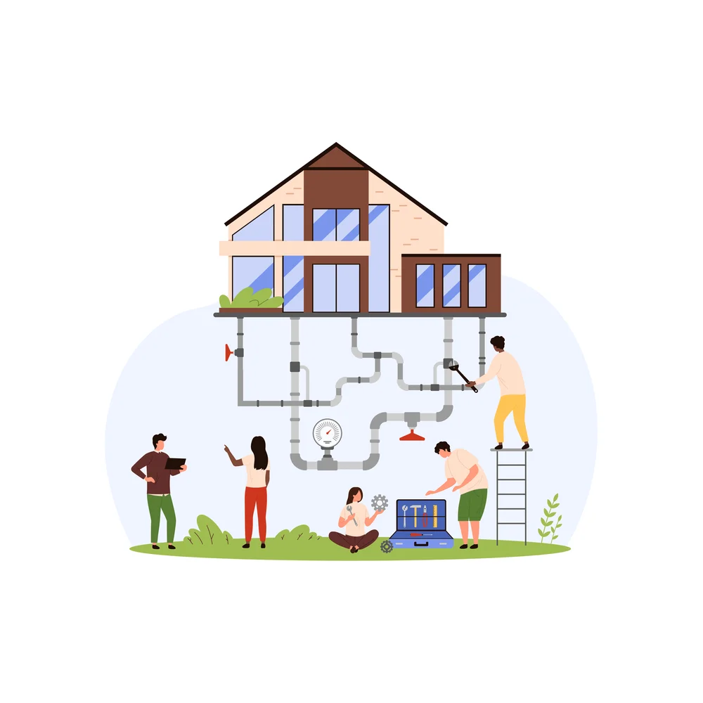 Illustration: five tiny people around a modern house raised above a network of gray pipes that branch and turn to different points, one on a ladder with a wrench, one sitting beside an open toolbox, one bending to it and two standing with a tablet