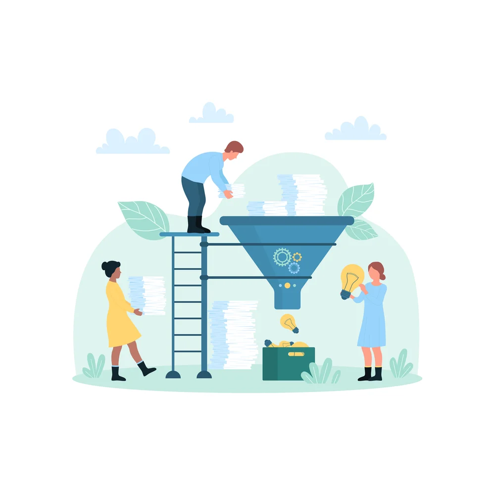 Illustration: three small figures handle stacks of paper around a large blue funnel with gears, one on a scaffold pouring sheets into it and one holding a light bulb
