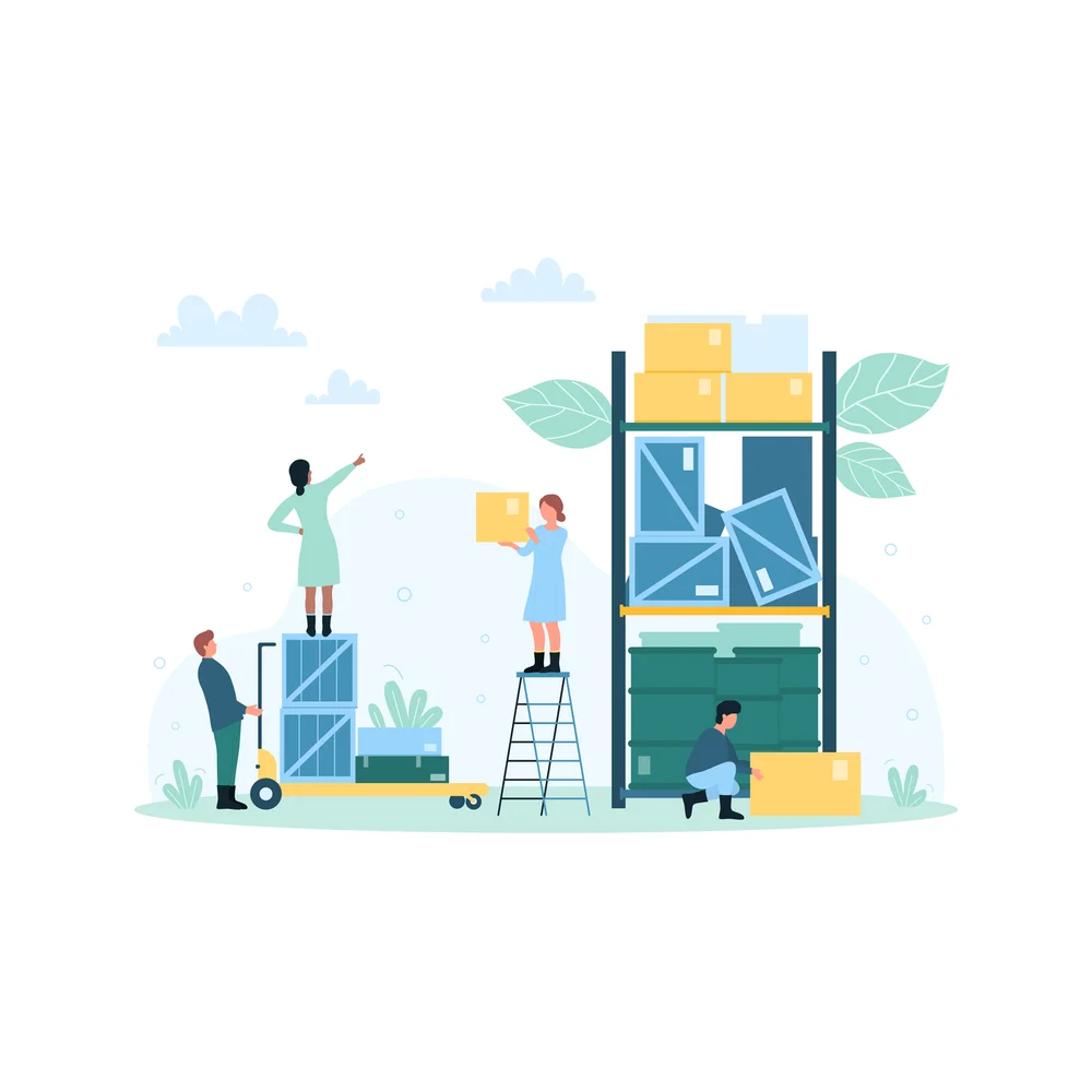 Illustration: four small figures load crates and boxes onto a tall shelving rack, one standing on a stack of crates, one on a stepladder holding a yellow box, one with a pallet truck and one crouching at the bottom shelf