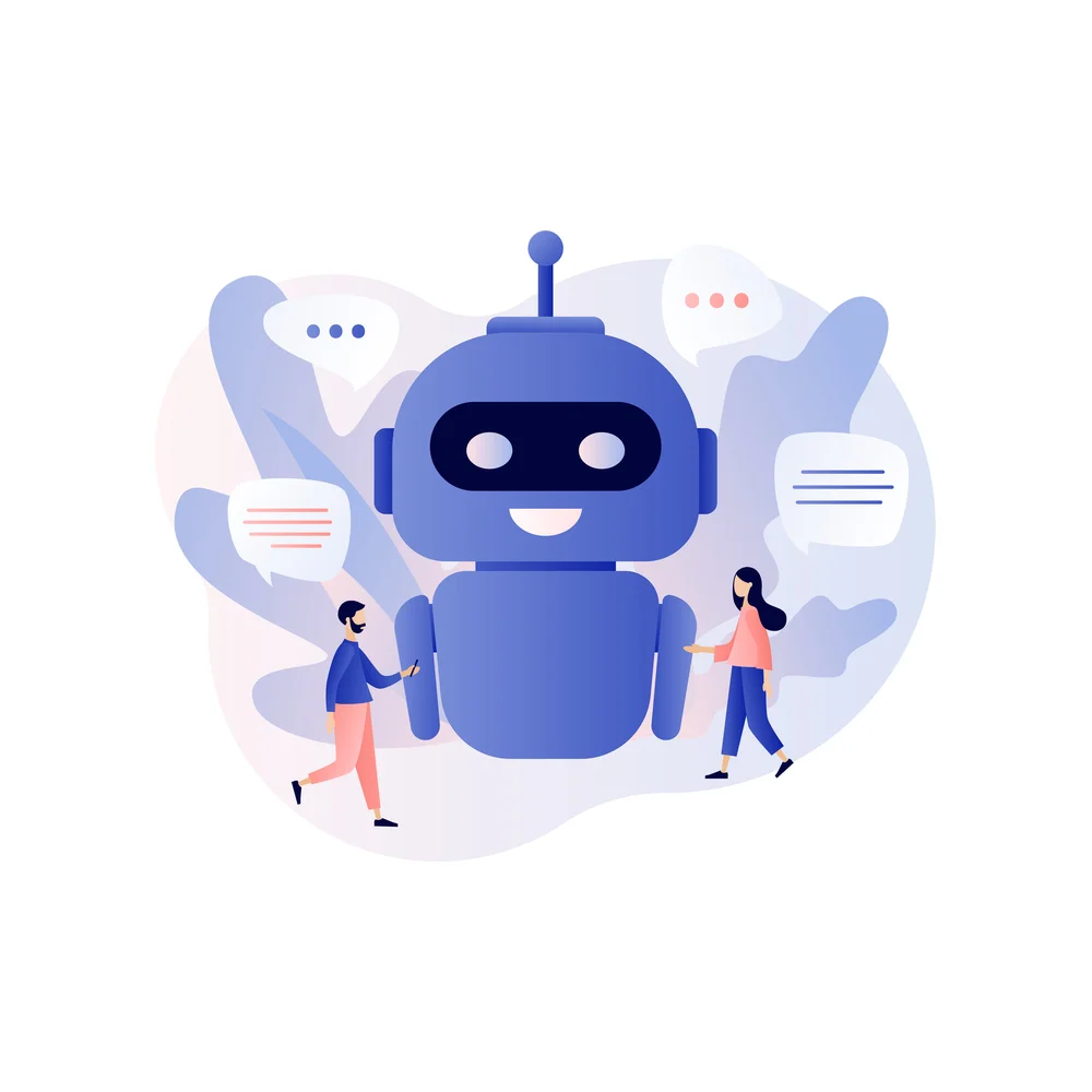 A large blue-violet robot between two small figures, one walking with a phone and one reaching toward it, with four speech bubbles around them