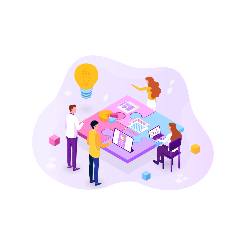 Four small figures around a table made of puzzle pieces holding papers, a pie chart, a tablet and a laptop, with a lightbulb floating above them on a violet background