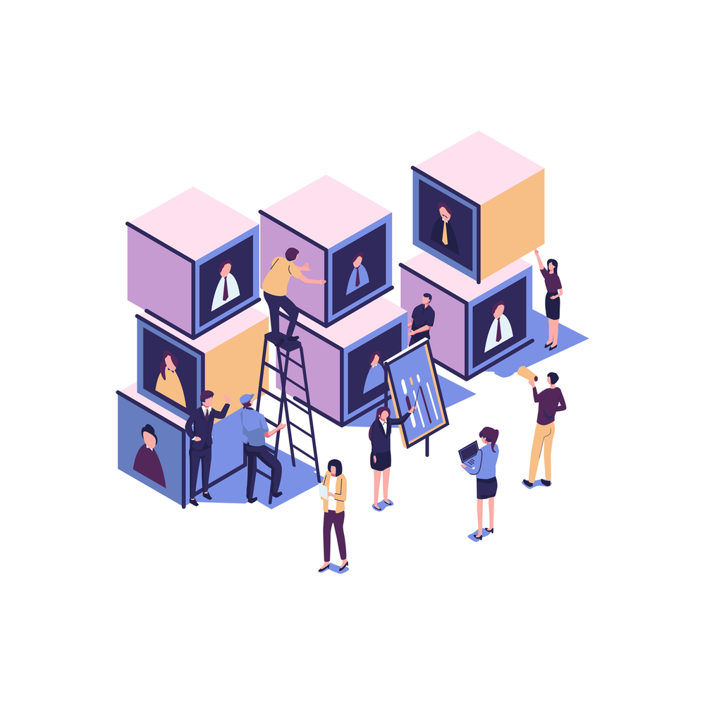 Illustration: a group of small figures stand on a ladder and on the ground around a stack of large lilac, orange and blue cubes, each cube holding a framed portrait picture