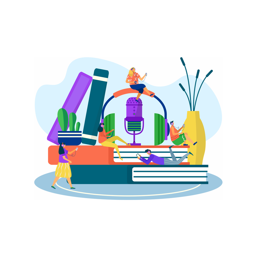 Illustration: several small figures sit and lie on a stack of books beside a giant purple podcast microphone framed by headphones, one walks past, with a tall yellow vase and green plants next to them