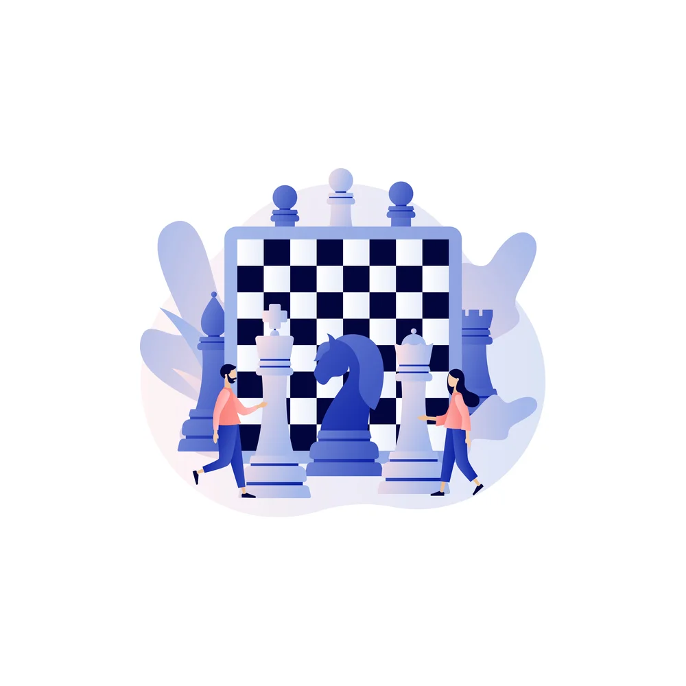 Illustration: two tiny people walk among giant chess pieces in front of a chessboard, a king, a knight and a queen at the front, a bishop and a rook at the sides and three more pieces over the top edge
