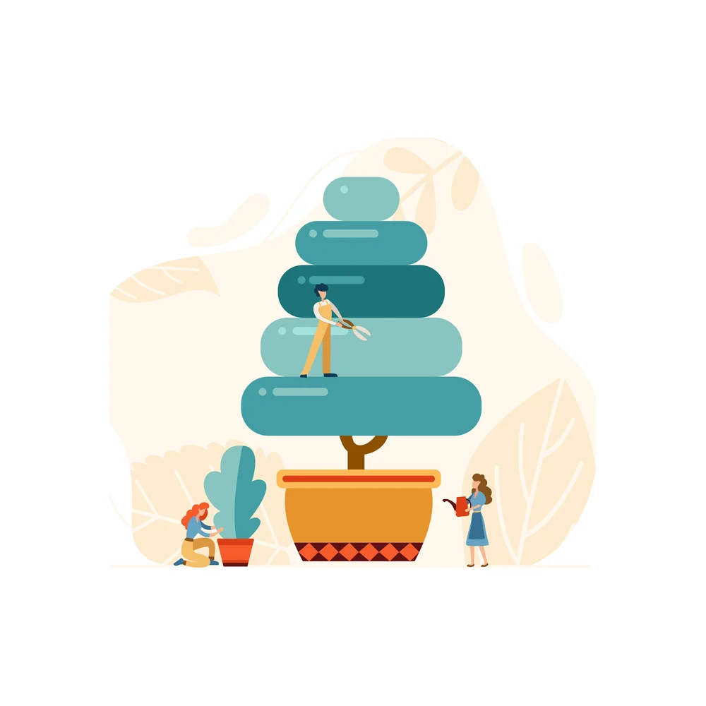 Illustration: three small figures tend a giant bonsai tree with five rounded teal tiers, one standing on a tier with hedge shears, one kneeling by a small plant and one holding a watering can