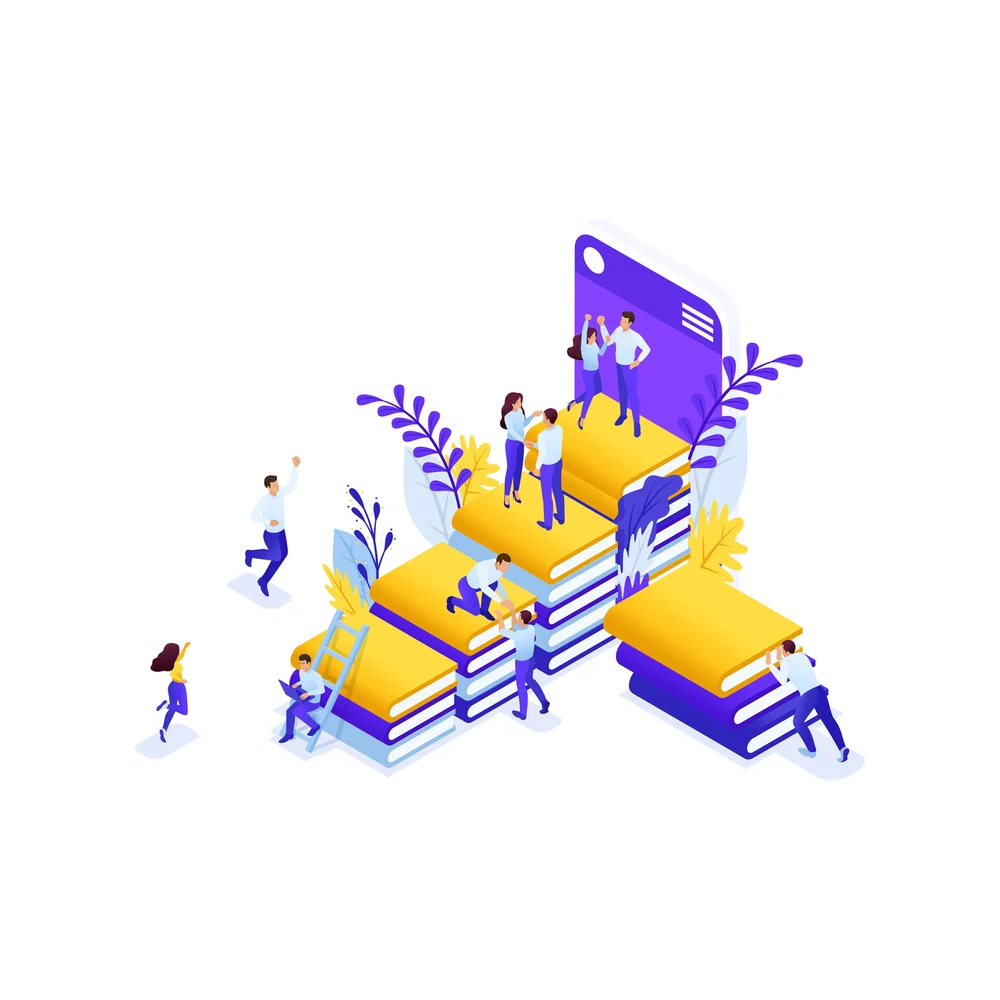 Illustration: small figures climb a staircase of stacked yellow and violet books toward a large purple phone, one pulling another up
