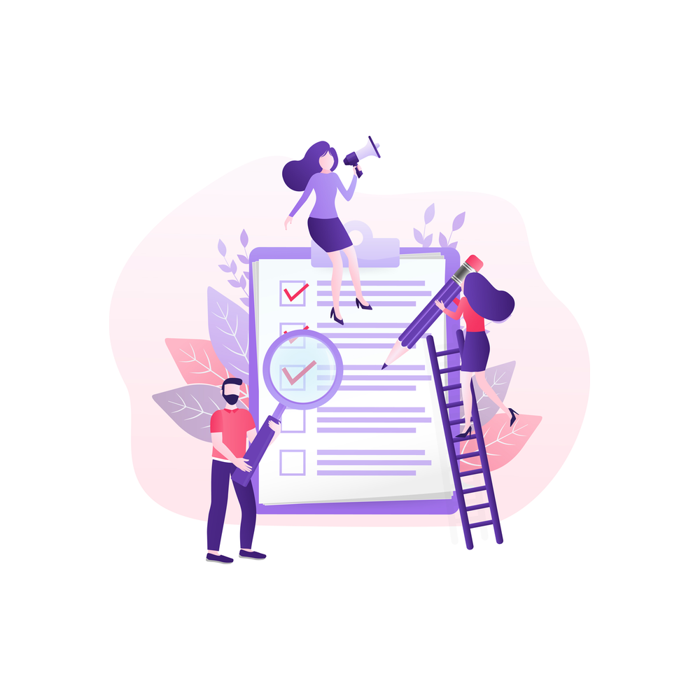 Illustration: three small figures work on a giant checklist clipboard, one holding up a magnifying glass, one sitting on top with a megaphone and one climbing a ladder with a large pencil