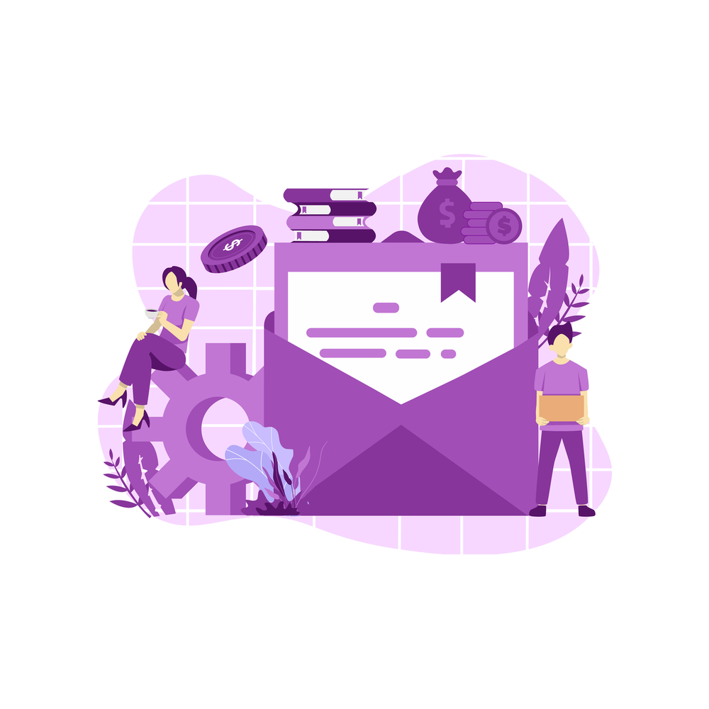 Illustration: two small figures work around a giant purple envelope with a gear, a stack of books, coins and a money bag, one sitting on the gear and one carrying a box