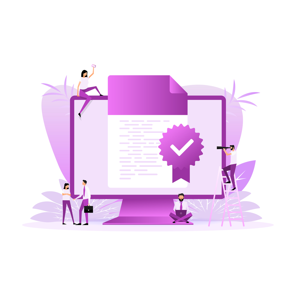 Illustration: small figures stand around a giant computer monitor showing a document with a purple approval badge and a check mark, one on a ladder with a telescope, one sitting on top of the screen and two shaking hands